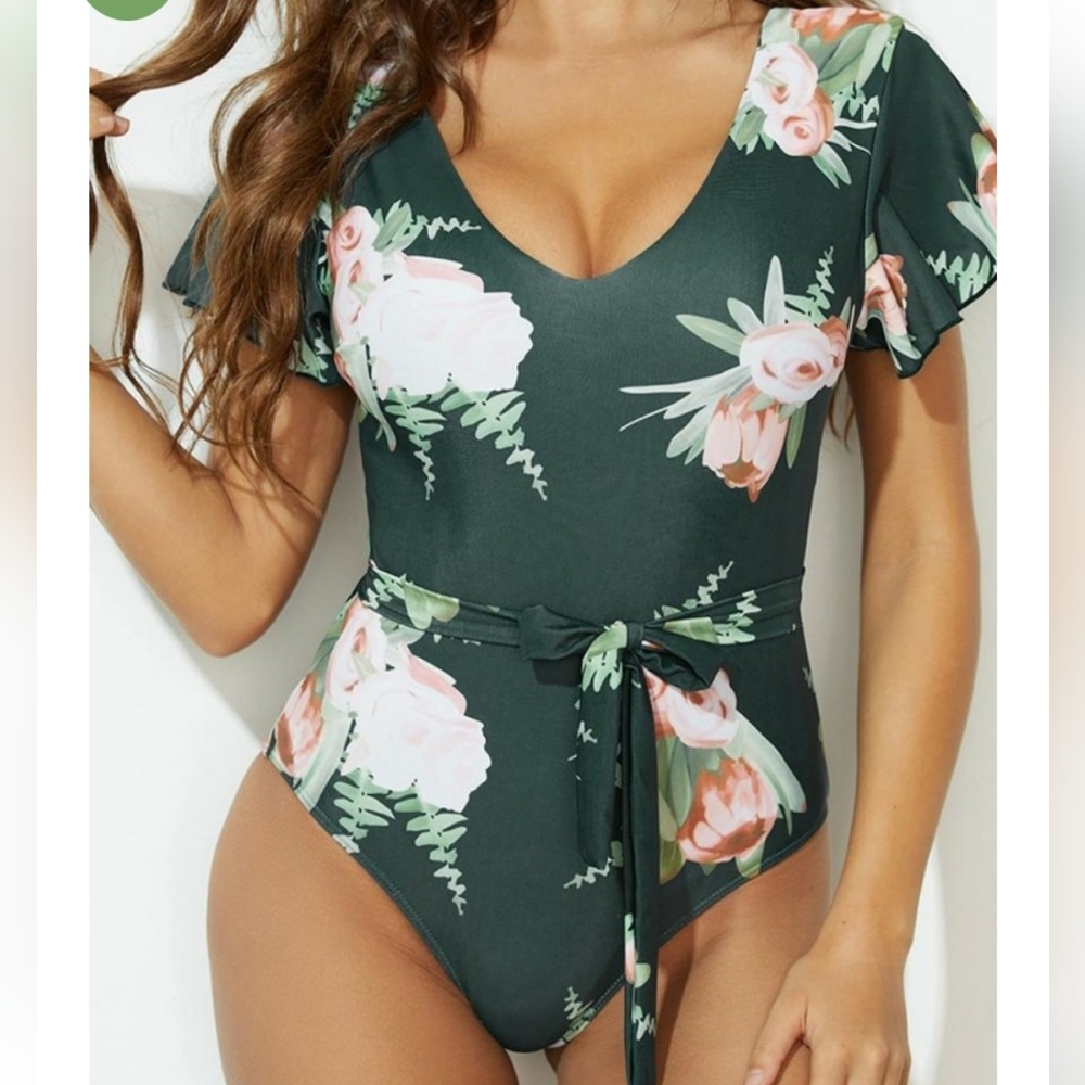 Green Flower Ruffles V-neck Front Knot One-Piece Swimsuit